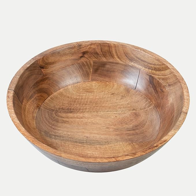 Crocon Wooden Salad Bowls Set, Round Serving Bowl for Fruits or Salads, Cereal, Corn Flake, Pasta Large Wood Serving Bowl, 10" Big Salad Bowl With Serving Utensils