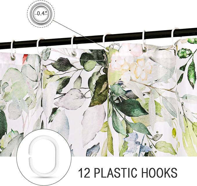 Gibelle Sage Green Eucalyptus Shower Curtain, Watercolor Plant Leaves with Floral Bathroom Decor Waterproof Fabric Shower Curtain Set with Hooks 72x72 Inch White