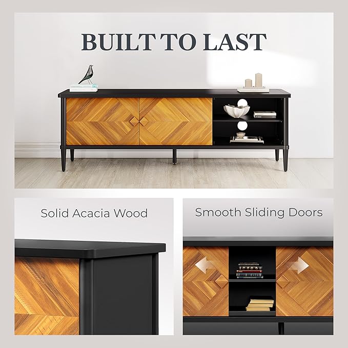 Lenia Solid Wood TV Stand – Mid-Century Modern Media Console with Chevron Doors, Adjustable Shelves & Cable Management – Wooden Entertainment Center – Teak Brown Finish