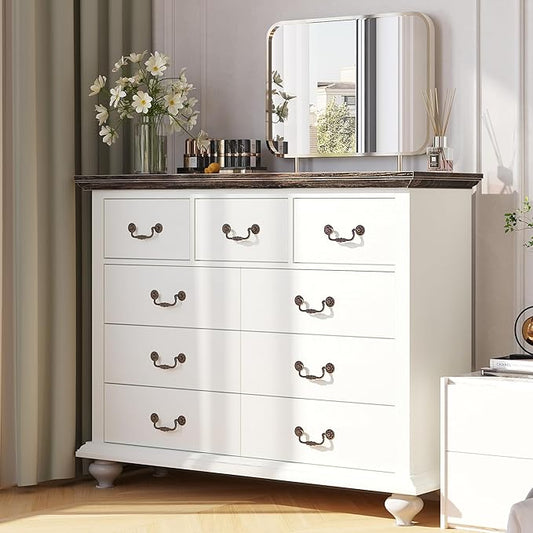 GAOMON 9 Drawers Dresser for Bedroom, Wooden Chest of Drawer with Large Drawers & Metal Handles for Bedroom, Living Room, Hallway, White & Brown