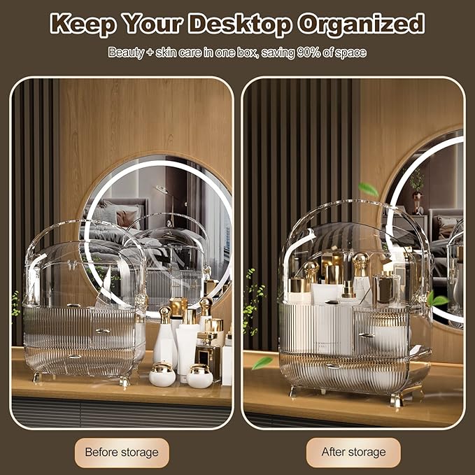 Ergocar Galatée Portable Retro Series Multi-Function Make Up Case Dustproof Cosmetic Storage Box,Cosmetics Skin Care Products Jewelry Organizer Finishing Box - High Transparency + Lipstick