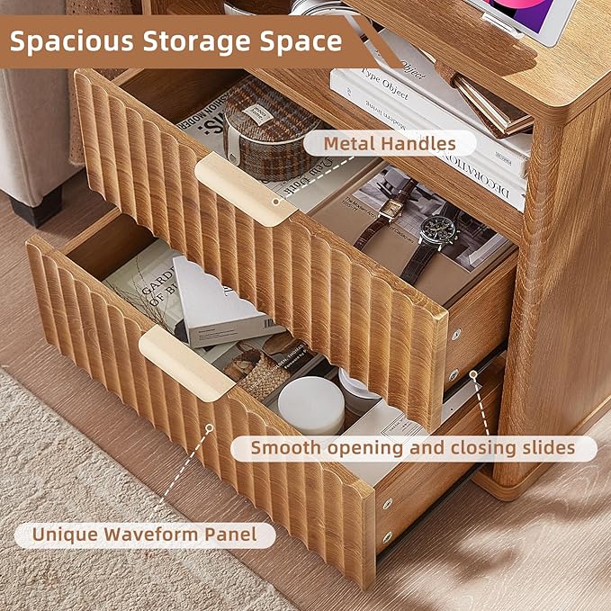 LEYAOYAO Fluted Farmhouse Nightstand Set of 2 with Charging Station, 23" Wide 2 & 3 Drawers Large End Table with Metal Handle, Brown Night Stand Bedside Table, Wood Dresser for Bedroom,Closet