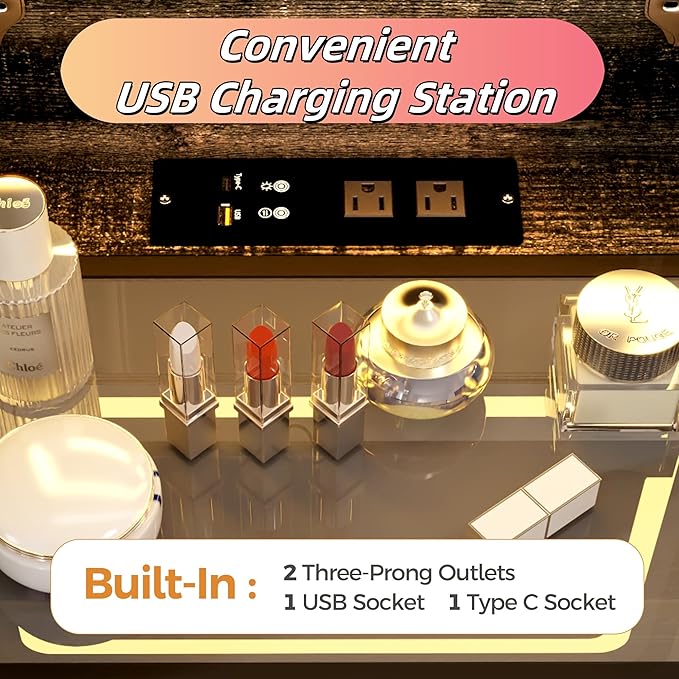 Makeup Vanity, 3-in-1 Vanity with Flip-Top Mirror, Visible Glass Desktop & 3-Color Lighting, 20'' Intelligent Makeup Desk with USB Charging Station & Hidden Storage Stool for Bedroom, Brown