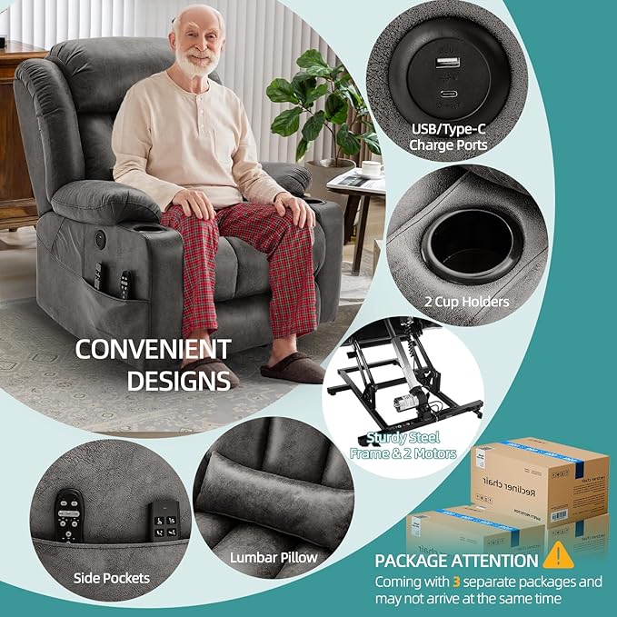 MEETWARM Oversized Dual Motor Lay Flat Power Lift Recliner Chair for Big Elderly with Heat Massage, Large Sleeping Electric Recliner with Extended Footrest, Lumbar Pillow, USB & Type-C Ports, Gray