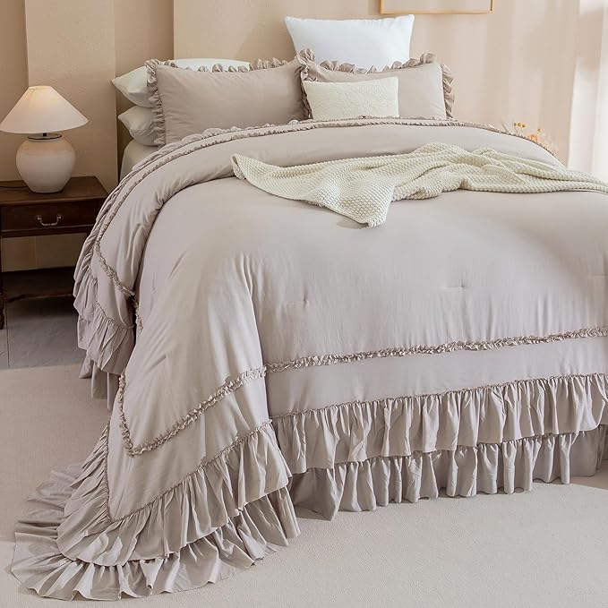QSH Taupe Oversized California King Ruffled Bed Comforter Set 128x120, Farmhouse Vintage Chic Comforter French Country Shabby Bedding Comforter Soft Microfiber Fluffy Bedding 3 PCs