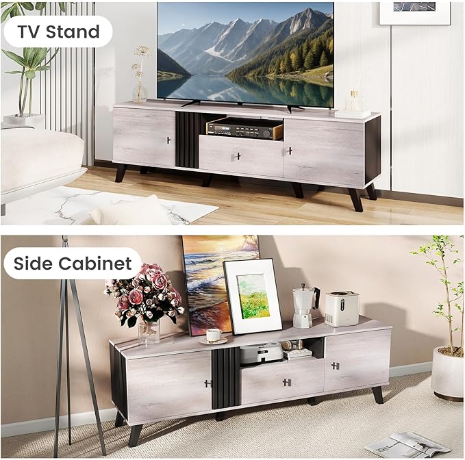 Giantex Mid Century ModernTV Stand for 65-80 Inch TV, Wood Entertainment Center with Storage Drawer, 2 Side Cabinet &Open Shelf, TV Console Table for Bedroom, Living Room