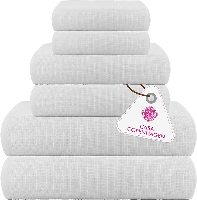 CASA COPENHAGEN Waffle Towel, 6Pieces 100% Cotton Large Towel Set- White, 2Bath 2Hand 2Washcloths Instant Absorb and Dry, Soft Strong Towels for Hotel Spa Kitchen Bathroom & Shower