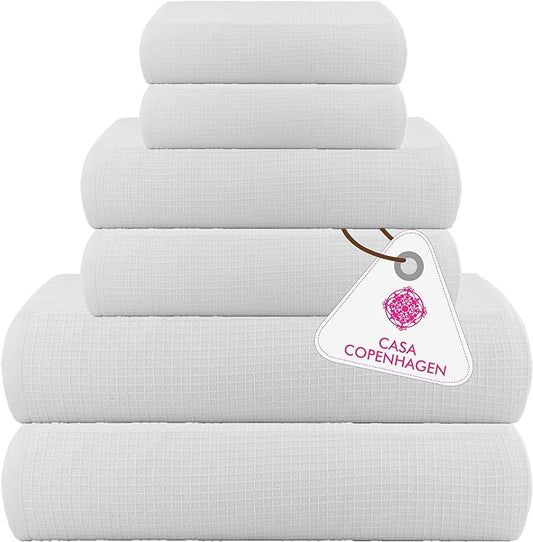 CASA COPENHAGEN Waffle Towel, 6Pieces 100% Cotton Large Towel Set- White, 2Bath 2Hand 2Washcloths Instant Absorb and Dry, Soft Strong Towels for Hotel Spa Kitchen Bathroom & Shower