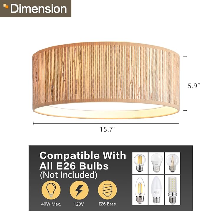 WINGBO 15.7" Modern 3-Light Flush Mount Ceiling Light Fixture with Fabric & Acrylic Double Drum Shade for Bedroom Living Room Dining Room Hallway Entryway, Wood Grain