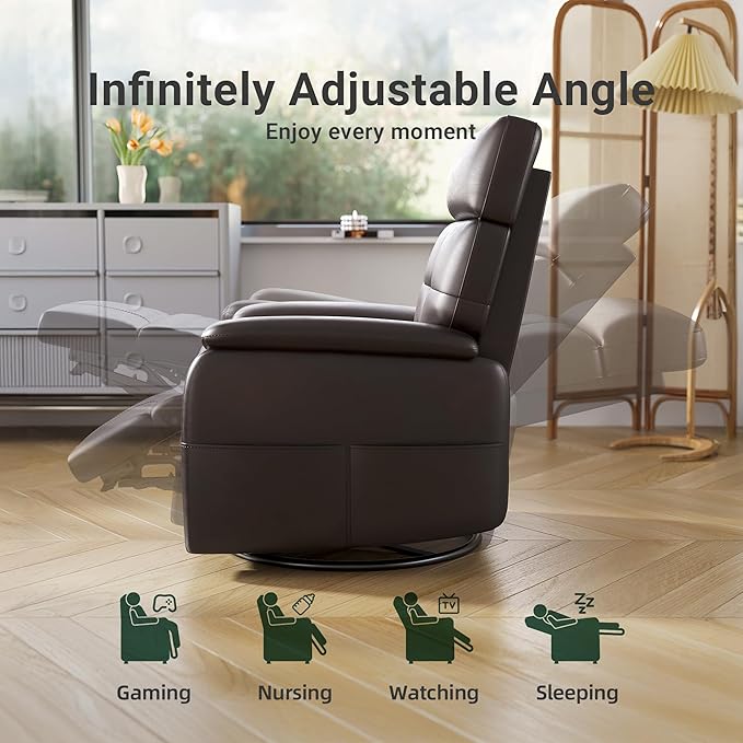 Claiks Power Swivel Rocker Recliner Chair, Oversized Recliner Chairs for Adults, PU Leather Overstuffed Reclining Chair with USB and Type-C Ports for Living Room, Dark Brown