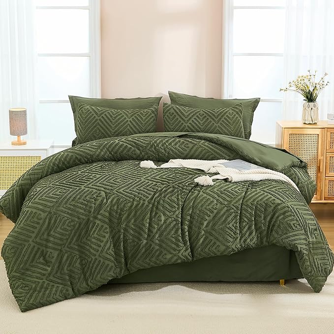 Andency California King Comforter Set Olive Green - 7 Piece Cal King Bed in a Bag Boho Olive Green Tufted Bedding Sets, Bed Set with Comforter, Sheets, Pillowcases & Shams