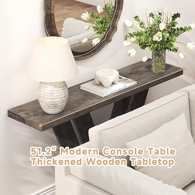 karlott 51 Inch Console Table, Farmhouse Entryway Table with V-Shaped, Wood Sofa Table Behind Couch Table, Narrow Entryway Accent Table for Living Room, Hallway, Entrance, Foyer, Brown, Grey