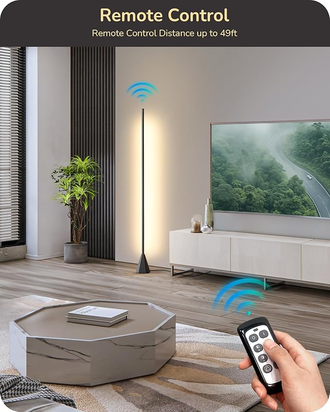 EDISHINE LED Corner Floor Lamp, Standing Light with Motion Sensor, 2700K-6500K Eye Caring Dimmable Lamps with Remote Control, Modern Minimalist Lit Lamp for Living Room, Bedroom, Office, Black