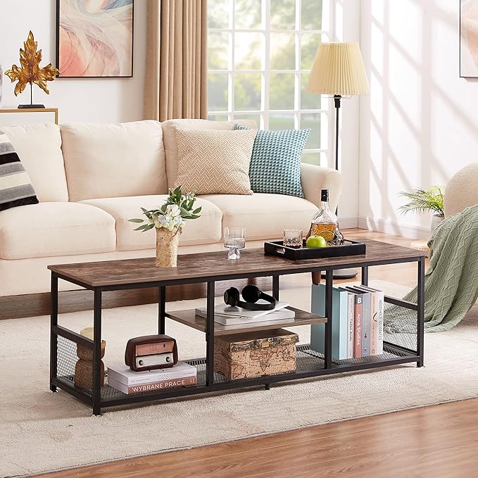 VECELO Industrial TV Stand for Televisions up to 80 Inch, 70" Entertainment Center with Open Storage Shelves for Living Room/Bedroom, 3 Tiers Media Console Table with Metal Frame, Brown, 70 Inches