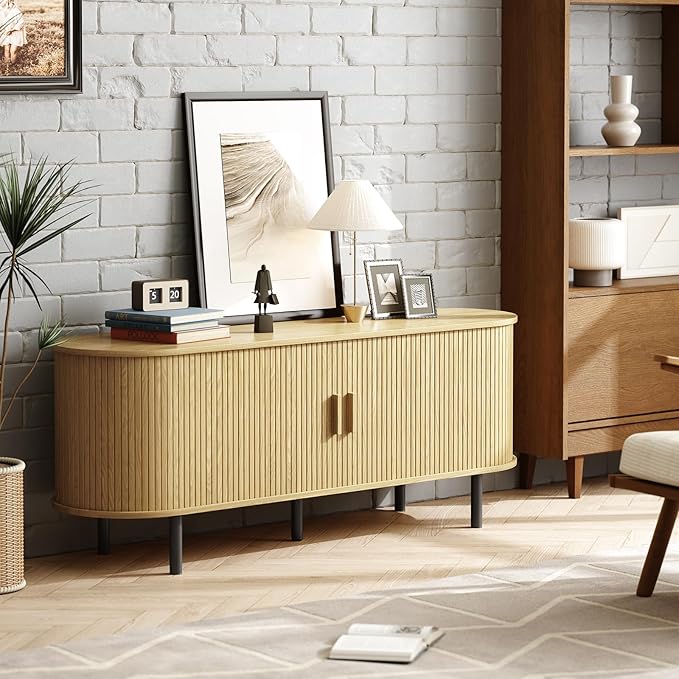 63" TV Stand with Power Outlet for TVs up to 70 Inch, Entertainment Center with Storage and Adjustable Shelves, Modern Media Console with Sliding Doors for Living Room, Oak