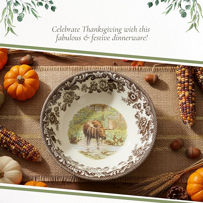 Spode Woodland Majestic Moose Ascot Cereal Bowl - 8 Inch Fine Earthenware Dish, Dishwasher & Microwave Safe, Winter Lodge & Holiday Dining Bowl - Made in England, Warm Oven to 225°