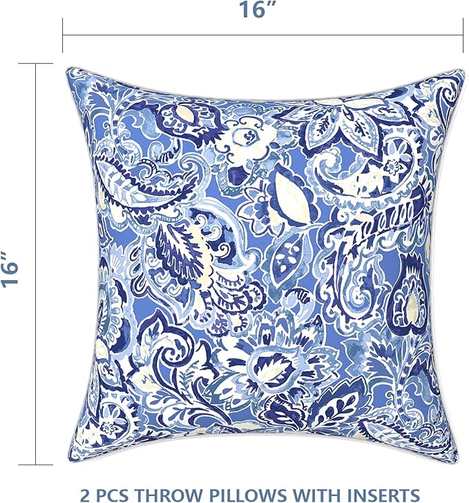 LVTXIII Set of 2 Patio Throw Pillows 16"x16" Fade Resistant Outdoor Throw Pillows with Inserts, Fluffy Decorative Garden Toss Pillow Cushions for Home Coach Sofa Use, Floral Bluish Violet