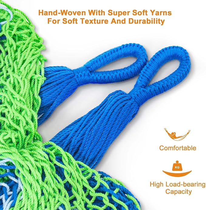 Lazy Daze Hammocks Handwoven Mayan Hammock, 10.5 FT Soft Rope Double Hammocks, Portable Outdoor Hammock with Carry Bag, 2 Straps & carabiners for Patio Outside, 550 lbs Weight Capacity, Blue/Green