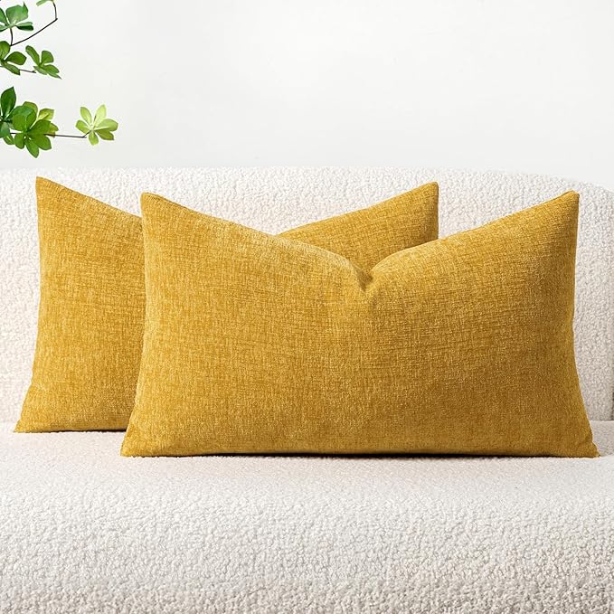 MIULEE Pack of 2 Mustard Yellow Throw Pillow Covers 12x20 Inch Soft Spring Chenille Pillow Covers for Sofa Living Room Couch Solid Dyed Cases