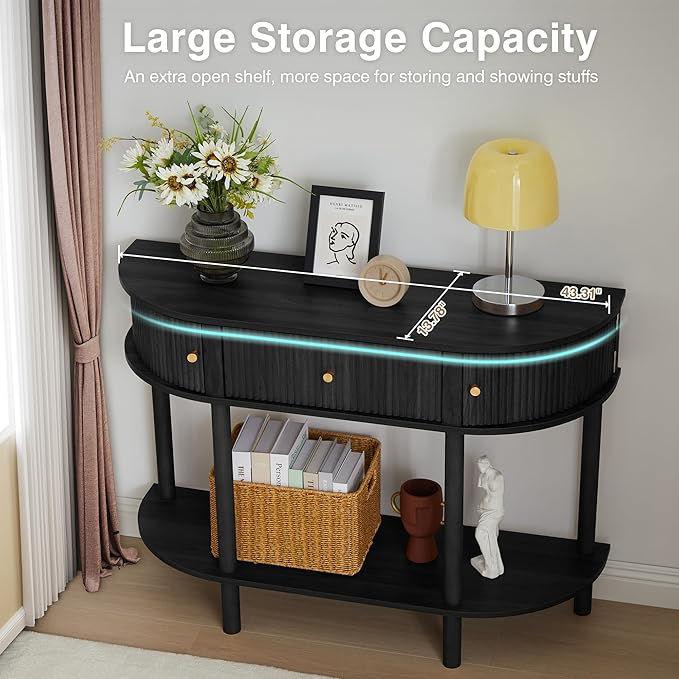 43.3“ Fluted Half Moon Console Table, Modern Entryway Console Sofa Table with Storage, Narrow Wood Accent Tables Behind Couch Tables for Living Room, Hallway, Foyer(Black)