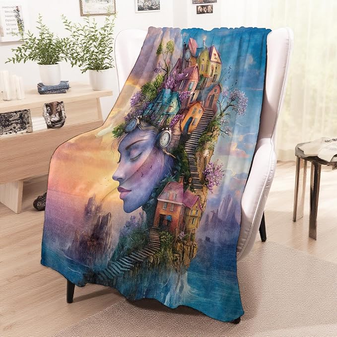 Surreal Village Blanket, Cozy Flannel Woman’s Face Merged with Houses Throw Blanket for Couch Outdoor, Plush Soft Lightweight Travel Blankets for Bed Decor & Gifts, for Women Adults 60"x80"