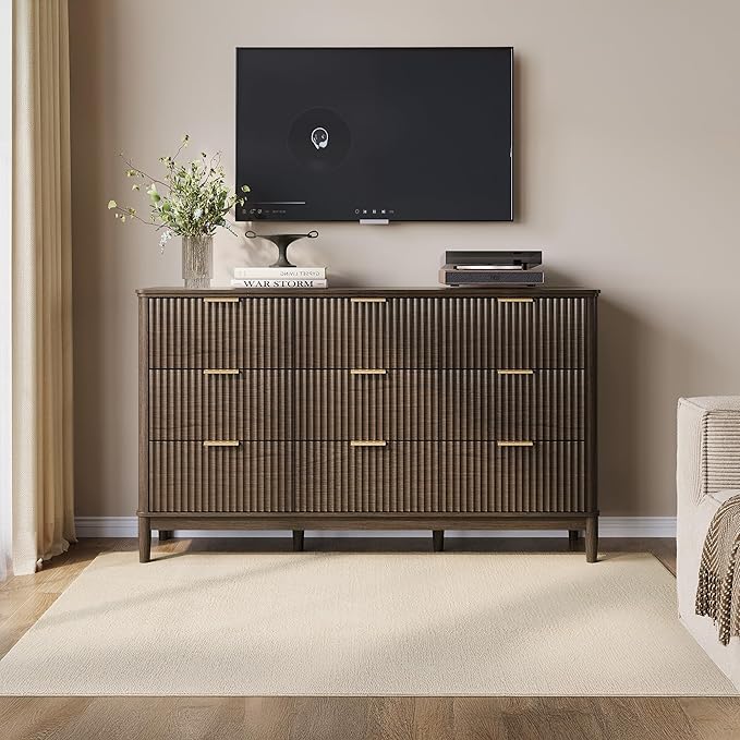 LINSY 9 Drawer Double Dresser for Bedroom, Modern Fluted Wood Chest of Drawers with Gold Metal Handles, Wide Storage Dresser TV Stand for Bedroom, Living Room, Entryway, Walnut