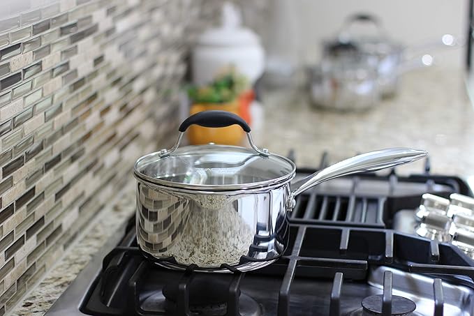 AVACRAFT Tri-Ply Stainless Steel Saucepan with Glass Strainer Lid, Two Side Spouts, Ergonomic Handle, Multipurpose Sauce Pan with Lid, Sauce Pot, Cooking Pot (Tri-Ply Full Body, 2.5 Quart)