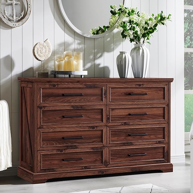 Farmhouse 8 Drawers Dresser Chests for Bedroom,52" Wide Wood Rustic Chest of Drawers with Metal Handle,Natural Texture,Drawer Organizer for Bedroom,Living Room,Hallway and Entryway,Brown