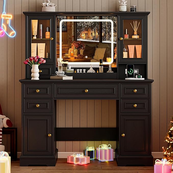 Vanity Desk with Lights, Large LED Mirror with 3 Color Modes, Makeup Vanity with Power Outlet & USB Ports, 6 Drawers & 2 RGB Glass Cabinets, Farmhouse Dressing Table for Women & Girls (Black)