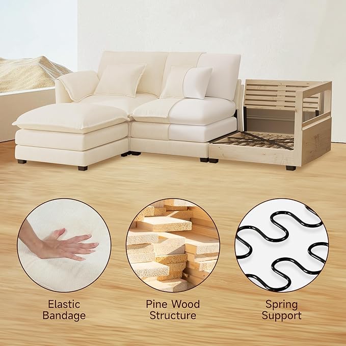 Real Relax 112'' L Shaped Convertible Sectional Sofa Couch, Chenille Modular Sofa with Removable Pillows and Double Layer Cushions, Beige