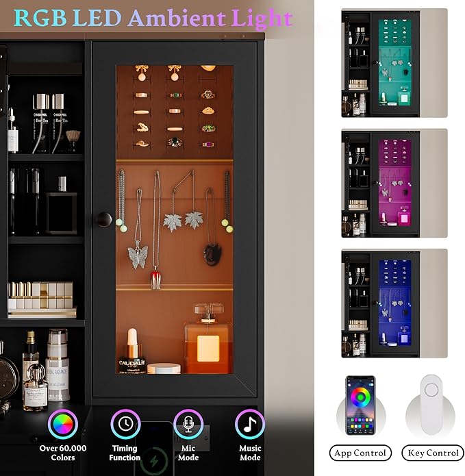 Black Vanity Desk with Mirror and Lights, Farmhouse Makeup Vanity Desk with Lighted Mirror & Power Outlet, RGB Glass Cabinet, Makeup Dressing Table with 3 Lighting Modes for Bedroom