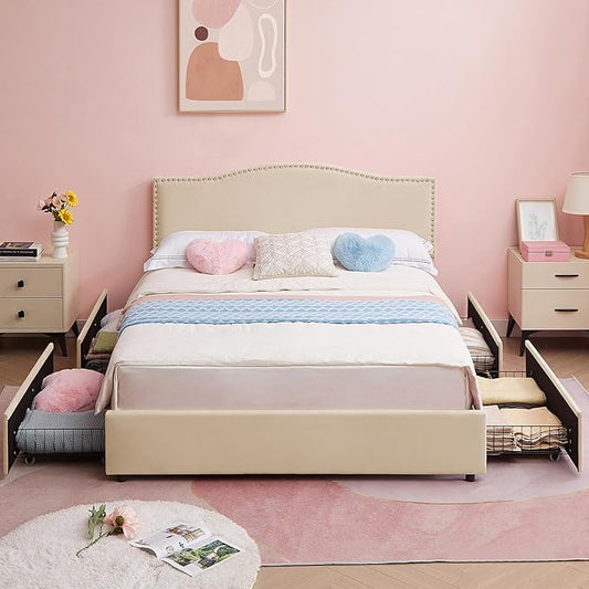 VECELO Full Bed Frame, Platform Bed Frame with Underbed Storage Drawers and Adjustable Height Upholstered Headboard, Heavy-Duty Frame and Strong Wooden Slats Support, Noise-Free, Easy Assembly, Beige