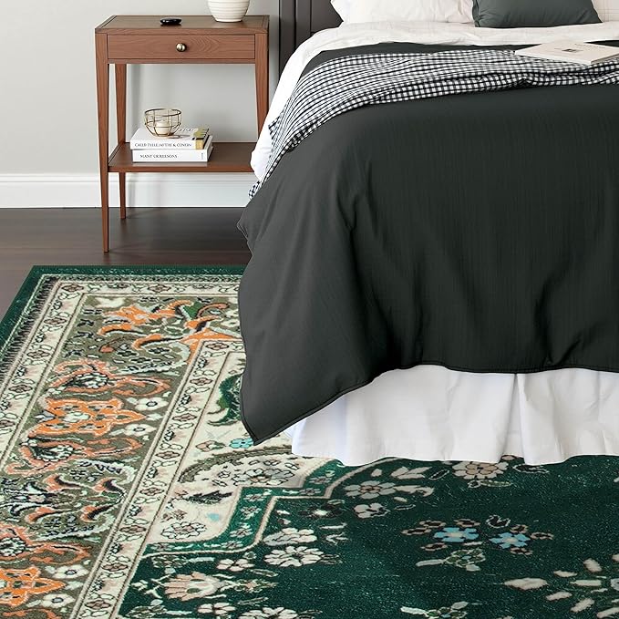 Vintage Area Rug 5x8 Rugs, Machine Washable Vintage Area Rug Non-Slip Low Pile Large Rug for Living Room, Bedroom, Farmhouse, Dining Room, Green