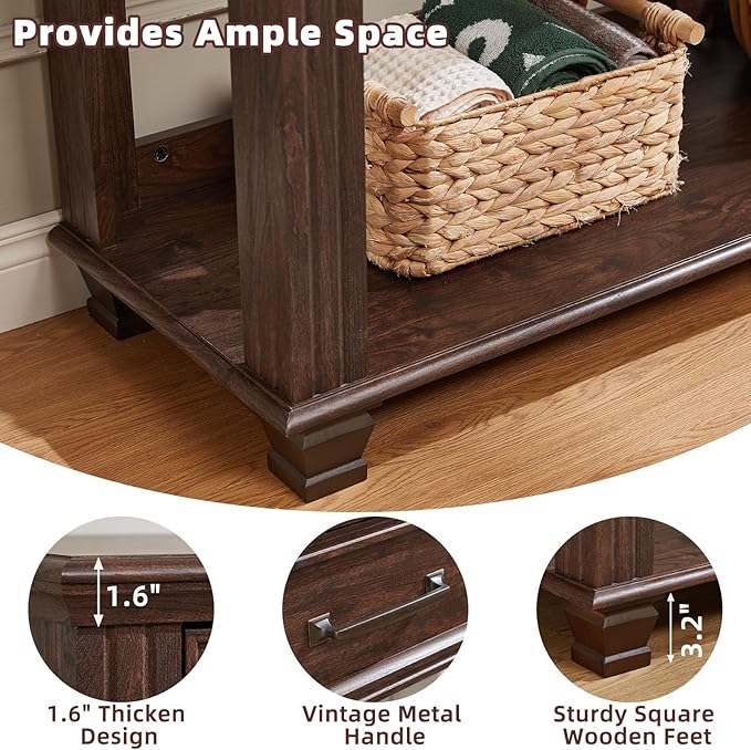 Farmhouse 46" Console Table with 2 Drawers, Rustic Wood 2 Tier Entryway Table with Open Storage Shelf for Entry, Large Mid-Century Vintage Sofa Tables Behind Couch for Living Room, Walnut