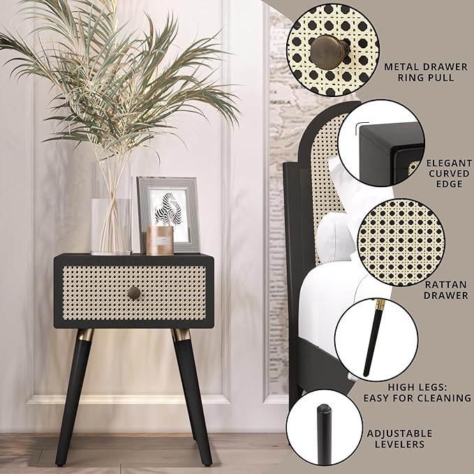 Bme Nipe Black Solid Wood Rattan Nightstand Fully Assembled, Woven Cane End Table, Bedside Table for Modern Bedroom, Boho Living Room with Long Wood Legs Large Storage 1-Drawer