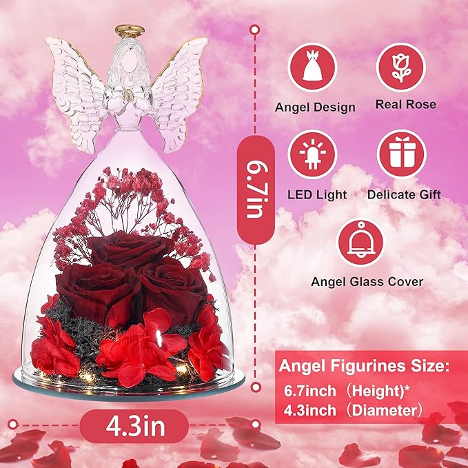 Ocosy Mothers Day Rose Gifts for her, Large Angel Rose Gifts for Women, Forever Real Roses in Angel Figurines, Angel Guardian with Roses Flower, Wine Red