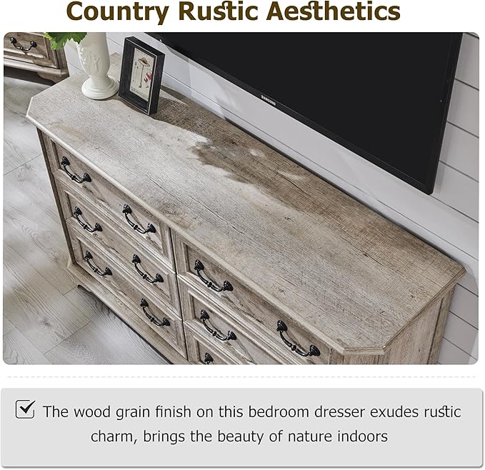 T4TREAM Farmhouse 6 Drawers Dresser for Bedroom, 54" Wide Wood Rustic Chest of Drawers with Natural Texture, Vintage Design, Storage Dressers Organizer for Bedroom, Living Room (Light Rustic Oak)