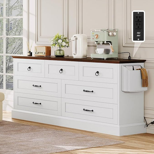 DWVO Farmhouse 7 Drawers Dresser, 59" Wide Wood Rustic Chest of Drawers with Nice Texture, Vintage Design, Storage Dressers Organizer for Living Room, Hallway, White