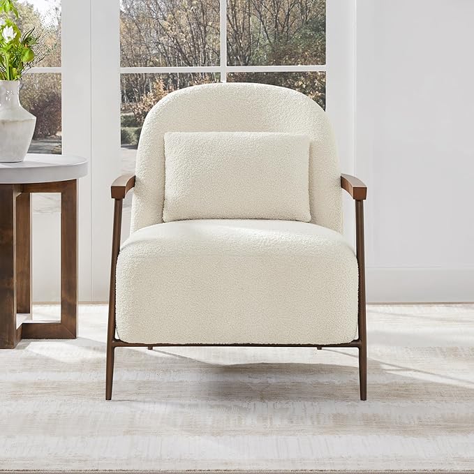 CHITA Accent Chair for Living Room, FSC Certified Modern Upholstered Faux Sherpa Fabric Armchair with Metal Frame and Wooden Armrests, Ivory