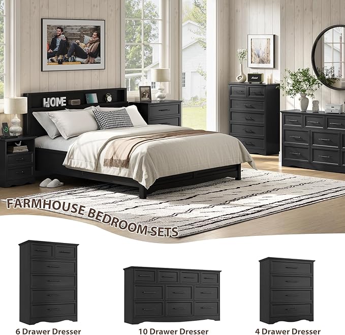 Black Dresser for Bedroom, 10 Drawer Dresser, 59" Wide Chest of Drawers w/Brushed Metal Handle, Wood Closet Organizers and Storage Cabinet for Bedroom, Living Room, Hallway