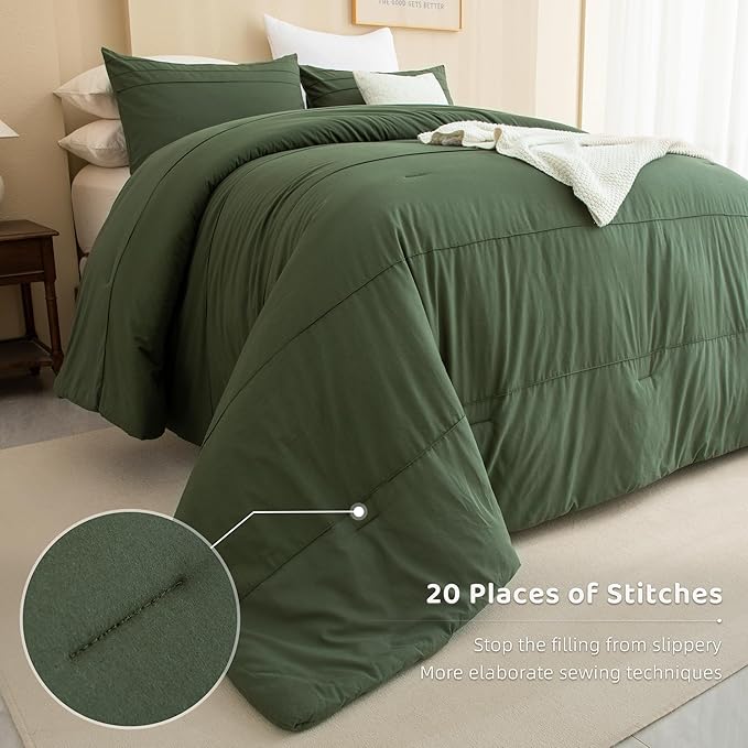 Sanracie Olive Green Oversized King Plus Comforter 128 * 120, Cotton Dark Green Pinch Pleat Bedding Comforers Set,3pc Aesthetic Comforter Super King Soft Lightweight Bed Set All Season