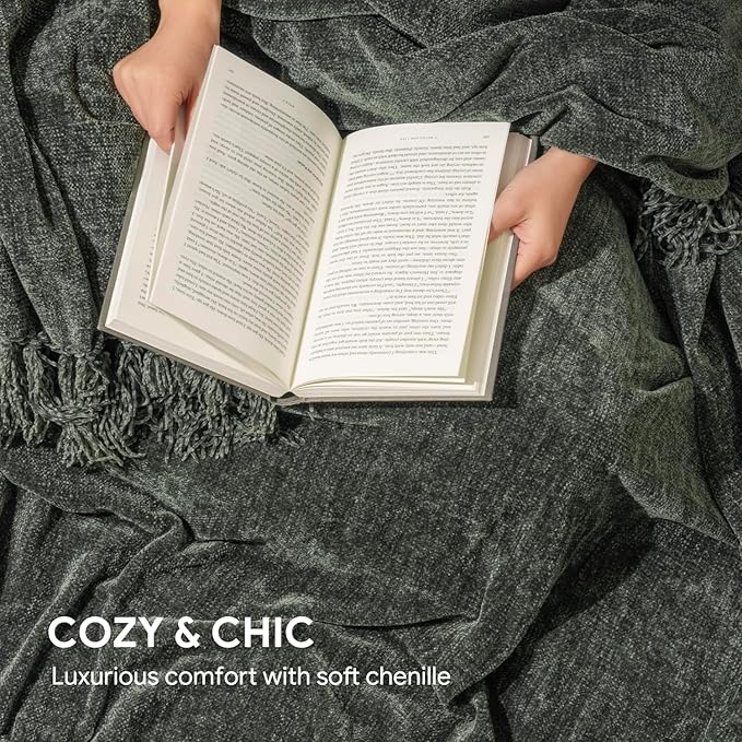 RECYCO Throw Blanket Soft Cozy Chenille Throw Blanket with Fringe Tassel for Couch Sofa Chair Bed Living Room Gift (Dark Green, 60" x 80")