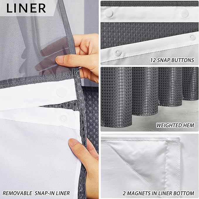 Furlinic Dark Grey Small Stall No Hook Shower Curtain with Snap in Liner,Waffle Weave Heavy Duty Fabric Waterproof Bathroom Curtains,Washable Shower Curtain Set with See Through Window 36x72 Inch