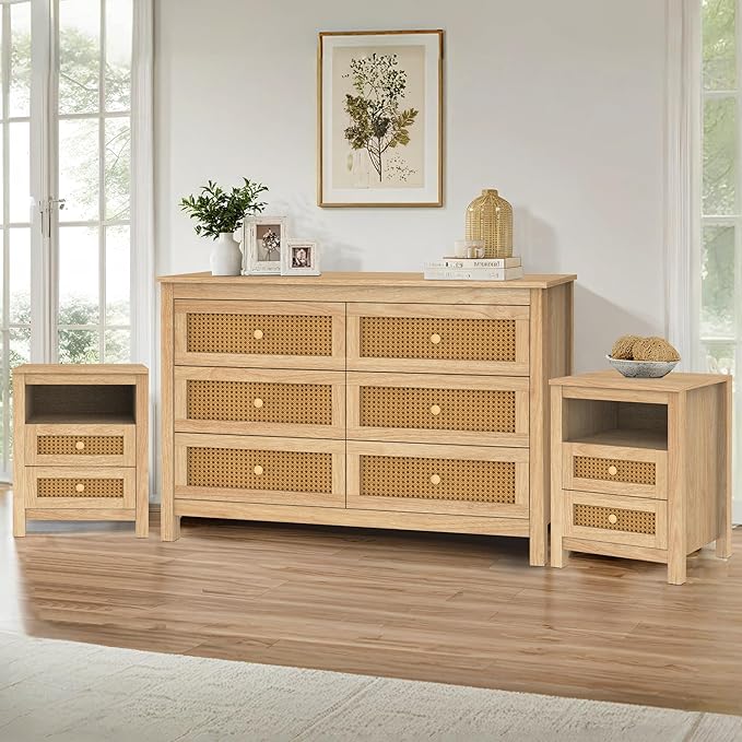 Farmhouse Bedroom Set, 3 Pieces Bedroom Furniture Set, Rustic Wood 6 Drawer Dresser and Nightstands, Chest of Drawers Wide Storage Organizer Cabinet for Bedroom, Light Rustic Naturanl