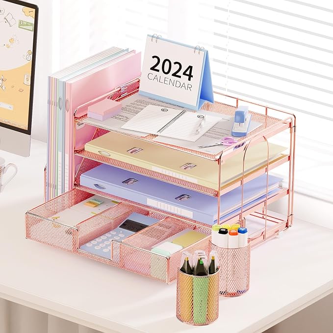 Desk Organizer and Accessories, 4-Tier Desktop File Organizer with Drawer and 2 Pen Holders, Office Desk Accessories for Office Supplies(Rose Gold)