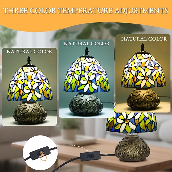 Small Tiffany Stained Glass Lamp, 3 Color Temperatures Bedside Lamp, 8 Inch Mushroom Desk Light for Bedroom Living Room Office Home Decor (White Flower Pattern)