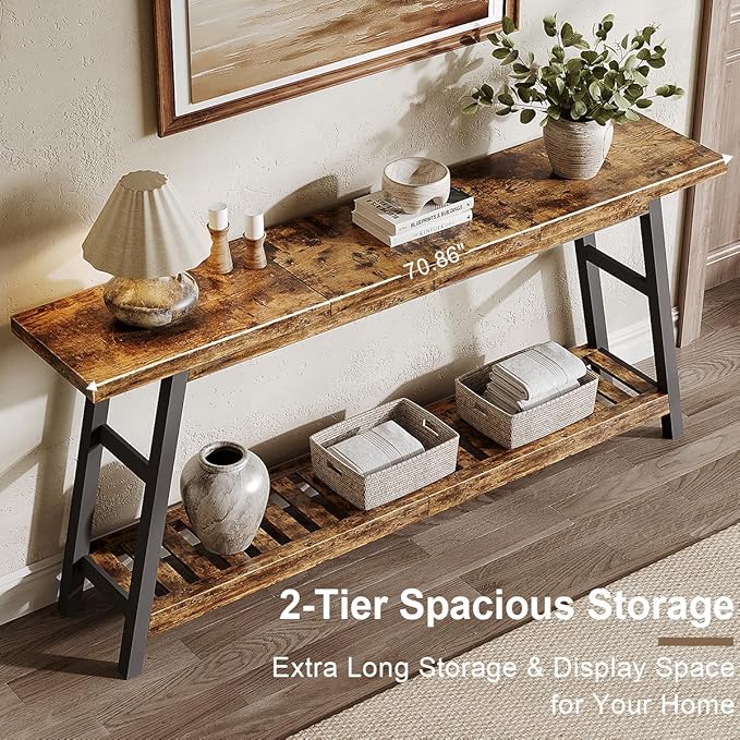 ChooChoo 70.9 Inch Long Console Tables for Entryway, Wood 2-Tier Entry Hallway Table, Narrow Sofa Table Behind Couch Table for Living Room, Entrance, Rustic Brown
