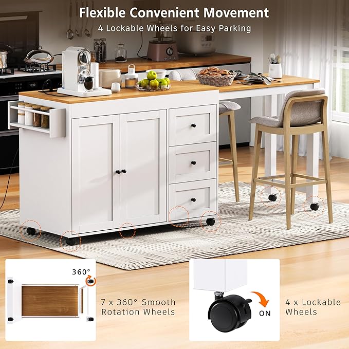 Kitchen Island with Extendable Dining Table, Kitchen Storage Cart with 3 Drawers, Power Outlet, Rolling Kitchen Island on Wheels with Spice Rack and 2 Door Cabinet,for Kitchen (White@01)