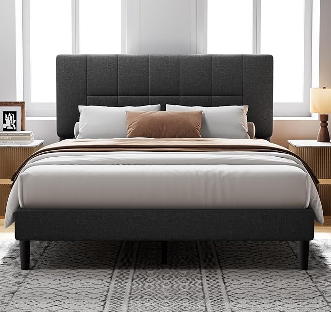 Pipishell Full Size Bed Frame with 12 Thickened Legs&Fabric Upholstered Headboard,1300 Lbs Weight Capacity, Adjustable Headboard, No Box Spring Needed, Easy Assembly, Underbed Storage（Solid Wooden）