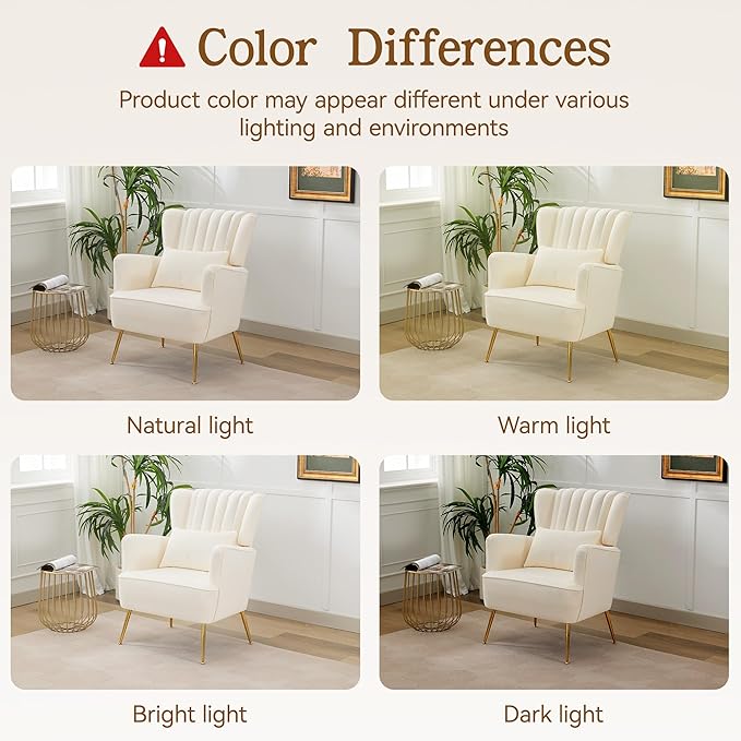 Fabric Accent Living Room Arm Chair Set of 2 Mid Century Modern Chairs with Pillow & Golden Legs, 8.5" Thick Cushion, Upholstered Comfy Sofa Armchair for Reading Room/Bedroom, White